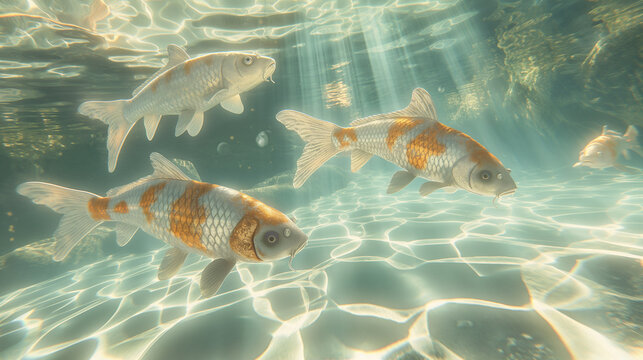 orange and white spotted koi fish swimming in clear water with rays of light, calming and peaceful background.