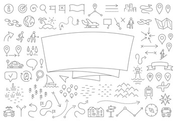 Travelers notes cover. Map set doodle background. Copy space. Vector editable outline stroke. - 779332015