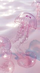 jellyfish calm and relaxing pink transparent floating in a pink ocean, y2k aesthetic.	