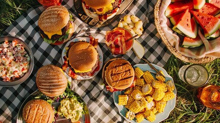 A mouthwatering overhead shot of a backyard barbecue spread - obrazy, fototapety, plakaty