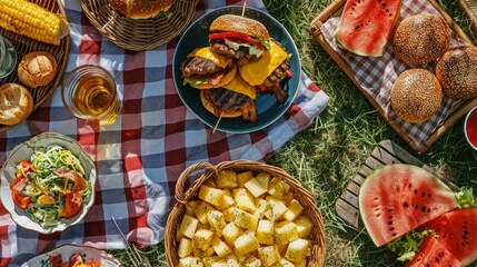 A mouthwatering overhead shot of a backyard barbecue spread