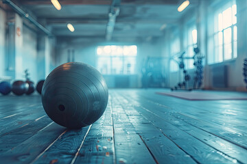 A big ball on the gym floor. - obrazy, fototapety, plakaty
