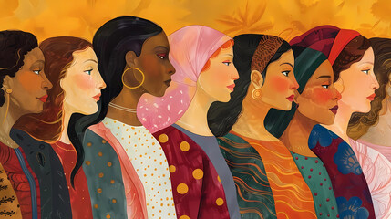 A group side profile illustration of diverse women from different ethnicities, races and colors, DEI concept background, Diversity Equity Inclusion - obrazy, fototapety, plakaty