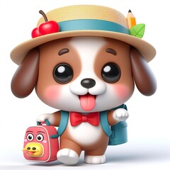 Fototapeta premium Cute character 3D image of A puppy is wearing a hat and carrying a backpack on the way to school, funny, smile, happy white background