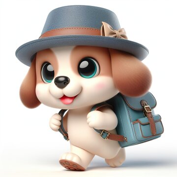 Cute character 3D image of A puppy is wearing a hat and carrying a backpack on the way to school, funny, smile, happy white background