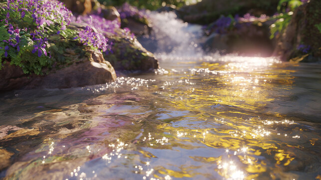 a fantasy waterfall landscape with a light purple and gold from the sunrays glimmering. vibrant floral trees calm and peaceful, y2k, background.