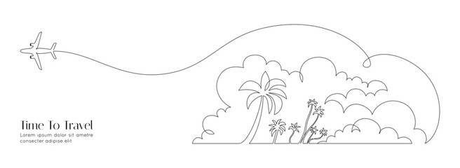 One continuous line drawing of summer travel vacation concept. Tropical landscape with beach and palm tree in simple linear style. Airplane in clouds in editable stroke. Banner vector illustration