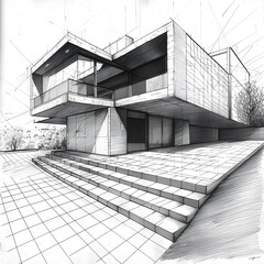 Black and White Modern Architecture Drawing, Detailed Line Art, Urban Residential Concept
