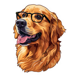 Golden Retriever Wearing Glasses Illustration, Detailed illustration of a golden retriever with a shiny coat wearing a pair of stylish glasses.
