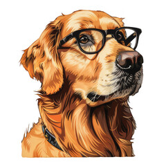 Golden Retriever Wearing Glasses Illustration, Detailed illustration of a golden retriever with a shiny coat wearing a pair of stylish glasses.