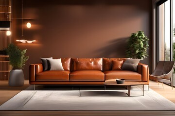  A modern living room with brown walls and leather furniture, featuring a stylish sofa.