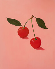 illustration oil painting of two cherries on a pastel light red background.