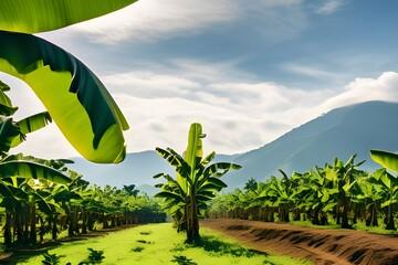 A vast banana plantation with rows of banana trees as far as the eye can see, lush and thriving.