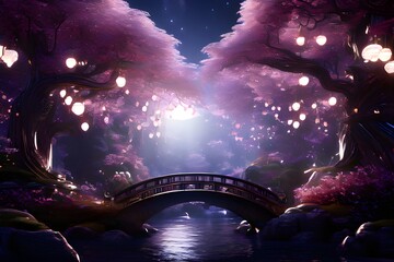 A majestic fantasy realm with tall Wenchuan cherry trees and their enchanting branches.