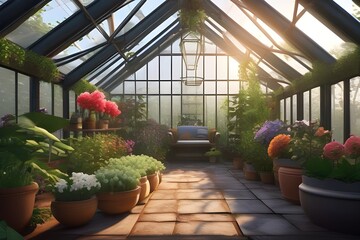 A gardener's hand lovingly tends to a pot of flowers amidst a cozy greenhouse filled with lots of plants. The warm, humid atmosphere enhances growth. - obrazy, fototapety, plakaty