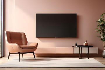 . Living room with pink wall and chair, modern TV wall mounted in pastel peach fuzz colored room with sleek leather armchair.