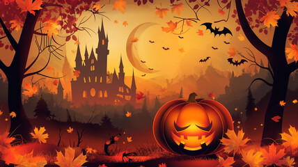 3D illustration of Halloween theme banner with group of Jack O Lantern pumpkin and graphic style of castle on background