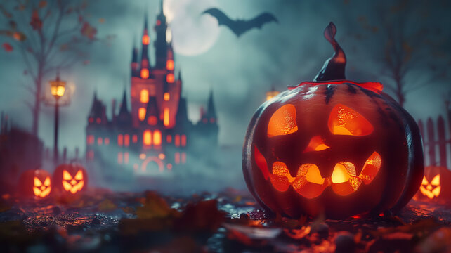 Halloween background design. Happy halloween trick or treat text with cute pumpkins night time 3D illustration