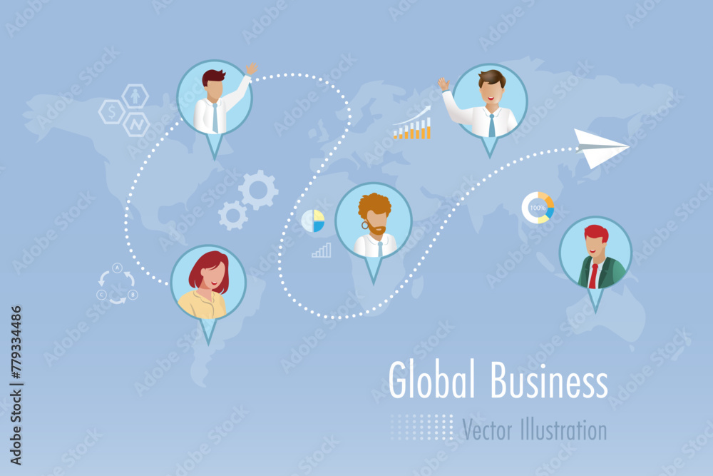 Poster global business communication technology. business team remote meeting and exchange data with global
