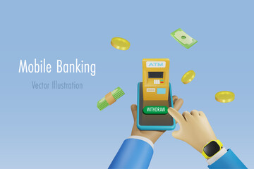 Mobile banking, virtual bank, financial technology. Businessman hands holding ATM on mobile app withdrawing money. 3D vector.