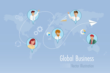 Global business communication technology. Business team remote meeting and exchange data with global network connecting. Telecommunication and partnership. Vector.