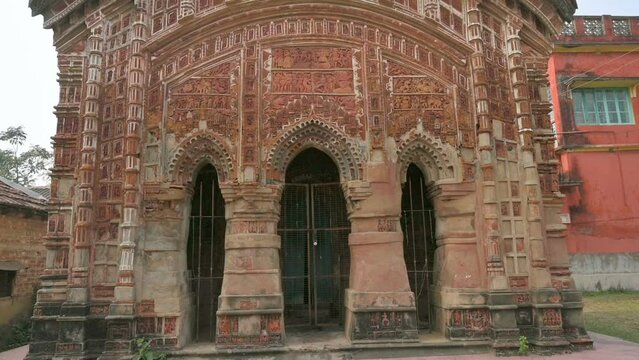 Famous Antpur Radhagovindjiu temple with crafted wood and exquisite terracotta carvings depicting stories from all 18 puranas. Here Swami Vivekananda took monastic vows in 1886, West Bengal, India