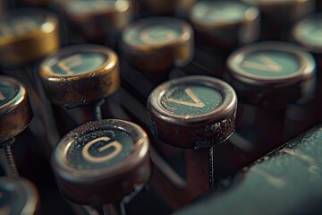 A close-up of a vintage typewriters keys with a focus on the letters and aged metal - obrazy, fototapety, plakaty