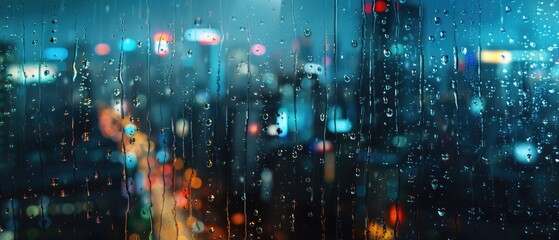 Fototapeta premium A close-up of raindrops cascading down a window with a blurred cityscape in the background