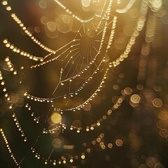 A macro shot of dewdrops on a spider web sparkling in the morning sunlight