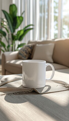 Fototapeta na wymiar white mug mockup in living room setting. neutral farmhouse aesthetic
