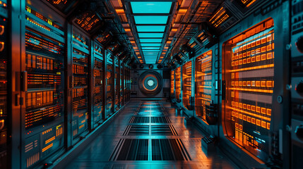 An advanced cybersecurity data center corridor with intense orange and blue lighting, illustrating high-speed data exchange and protection.