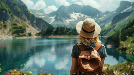 woman with a hat and backpack looking at the mountains and lake from the top of a mountain in the sun light, with a view of the mountains