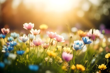 Softly blurred spring blooms in sunlight, spring flowers in garden with blank copy space for text, summer and spring concept