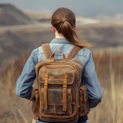 a lone young woman wearing a weathered olive backpack ready to go on an adventure.