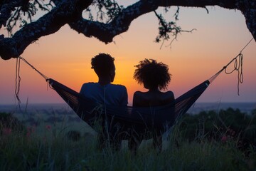 Silhouetted against a fading sunset, a couple finds solace in a hammock, immersed in nature's tranquility.