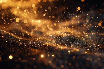 Glittering gold particles floating randomly, simple rendering on a black background, photorealistic ,high resulution,clean sharp focus - obrazy, fototapety, plakaty