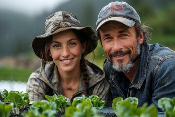 Joyful farmers in rain hats, smiling amidst a shower, as they tend to vibrant green lettuce plants.