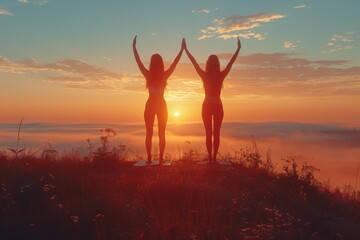 Two women raise their arms in unison, greeting the sunrise atop a hill, embraced by a sea of clouds.