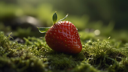 Strawberry on Grass with Dew Drops