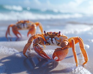 Crabs scuttling across sandy beaches, architects of the shore ,3DCG,clean sharp focus - obrazy, fototapety, plakaty