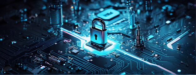 secure connection or cybersecurity service concept of compute motherboard closeup and safety lock with login and connecting verified credentials as wide banner design - Generative AI 
 - obrazy, fototapety, plakaty