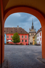 Sunset at the old town square in Sighisoara, Romania