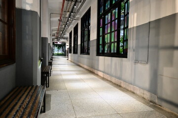 Taiwan - Jan 24, 2024: The terrazzo floor corridors of Songshan Cultural and Creative Park integrate historical charm with modern design, showcasing diverse and captivating architecture.