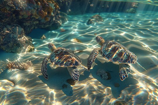 Sea turtles gliding gracefully in the clear sea, ancient mariners ,3DCG,high resulution,clean sharp focus