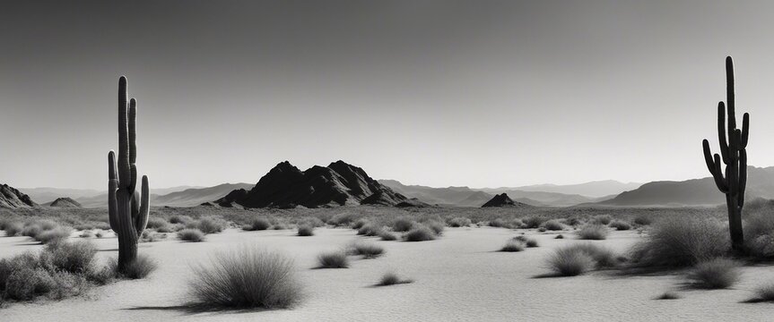 black and white photograph of desert with cactus trees