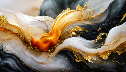 Black and gold glitter alcohol ink pattern, artistic paint background. Generative ai