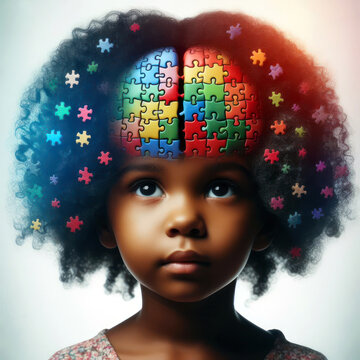 Cute curly haired little African American girl with a brain-shaped puzzle of colorful puzzle pieces. autism awareness day.