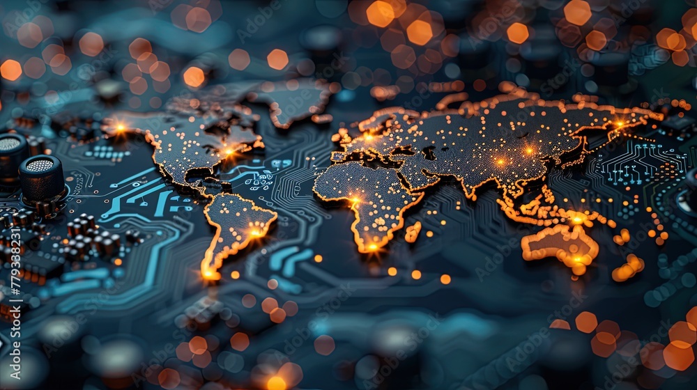 Wall mural the illuminated digital map of the world is engraved on a dark printed circuit board. innovative pc.