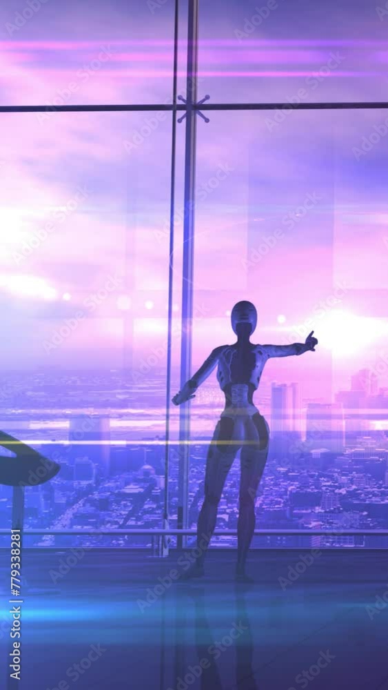 Canvas Prints sci-fi storyline with android and holographic infographics, 3d render.