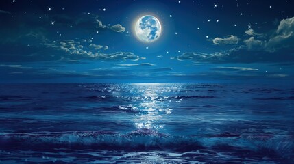 Fototapeta na wymiar Moonlit Majesty A Night Ocean Landscape Illuminated by the Radiance of the Full Moon and Sparkling Stars, Inviting Reflection and Wonder